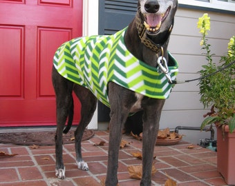 Greyhound Dog Coat, XL Dog Jacket, Green and White Chevron Zig Zag with Green Fleece Lining