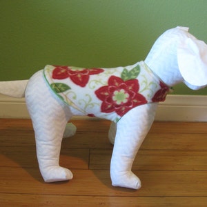 Extra Small Dog Coat | XS Dog Jacket | Red, Green, and Ivory Floral Print Fleece with Green Fleece Lining