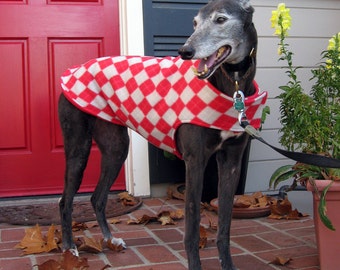 Greyhound Coat | Large Dog Jacket | Big Dog Coat | Red, Gray, and Ivory Argyle Fleece with Red Fleece Lining