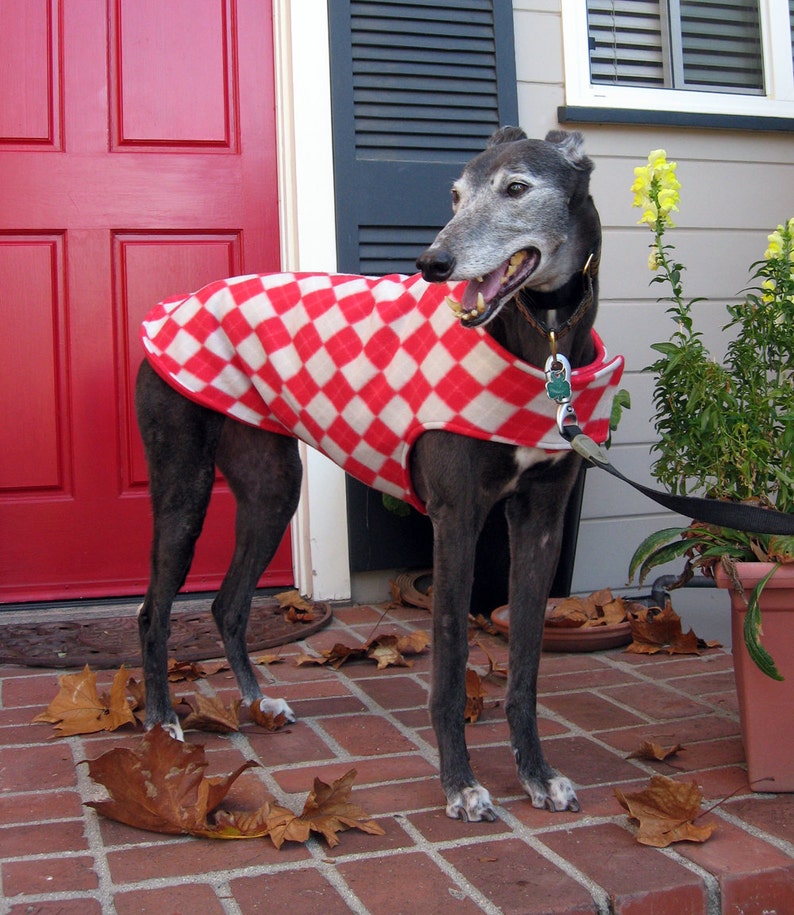 Greyhound Coat Large Dog Jacket Big Dog Coat Red, Gray, and Ivory Argyle Fleece with Red Fleece Lining image 1