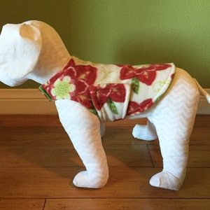 Extra Small Dog Coat XS Dog Jacket Red, Green, and Ivory Floral Print Fleece with Green Fleece Lining image 2