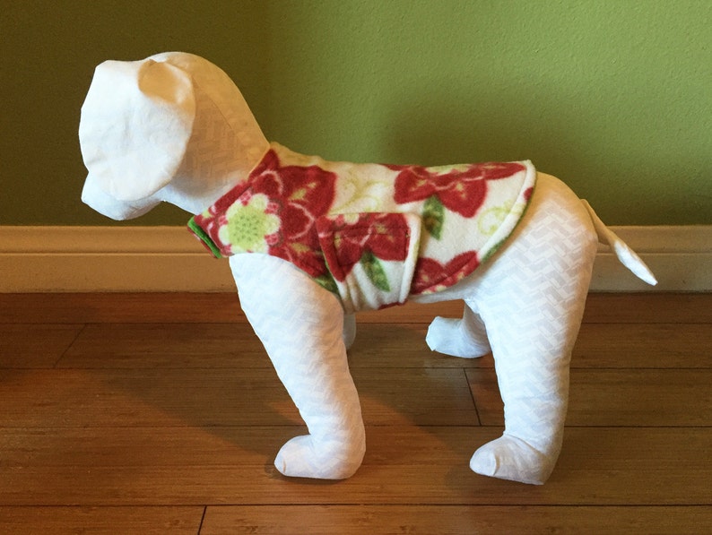 Extra Small Dog Coat XS Dog Jacket Red, Green, and Ivory Floral Print Fleece with Green Fleece Lining image 2