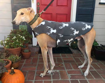 Greyhound Coat | XL Dog Jacket | Big Dog Coat | White Deer Heads on Gray Fleece with Black Fleece Lining