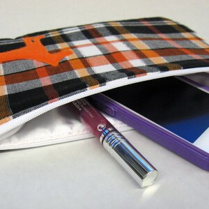 Plaid Zipper Pouch, Pumpkin, White, & Black Plaid with Appliqued Orange Dog and White Satin Lining image 4