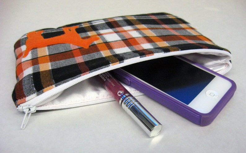 Plaid Zipper Pouch, Pumpkin, White, & Black Plaid with Appliqued Orange Dog and White Satin Lining image 4