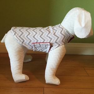 Fleece Dog Coat | Flannel Dog Jacket | Extra Small Dog Coat | White, and Gray Chevron Cotton Flannel with Red Fleece Lining