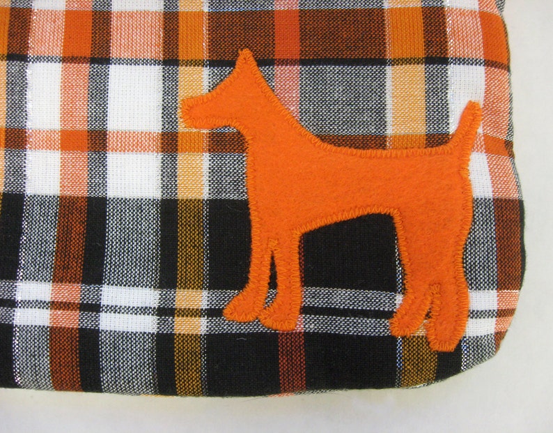 Plaid Zipper Pouch, Pumpkin, White, & Black Plaid with Appliqued Orange Dog and White Satin Lining image 5