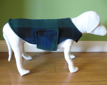 Fleece Dog Coat | Extra Small Dog Jacket | Blue, Navy, Black, and Green Buffalo Check Plaid with Black Fleece Lining