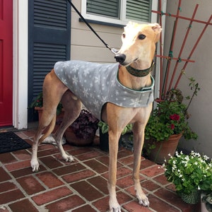 Greyhound Coat Extra Large Dog Coat Dog Jacket Dove Gray, & White Snowflake Print Fleece with Hunter Green Fleece Lining image 5