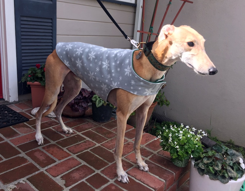 Greyhound Coat Extra Large Dog Coat Dog Jacket Dove Gray, & White Snowflake Print Fleece with Hunter Green Fleece Lining image 3