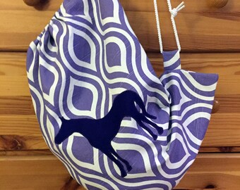 Purple and White Modern Equestrian Helmet Bag with Appliqued Purple Wool Thoroughbred Horse