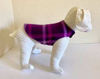 Fleece Dog Coat | Extra Small or Medium Dog Jacket | Violet, Purple, and Lavender Plaid Fleece with Charcoal Gray Fleece Lining