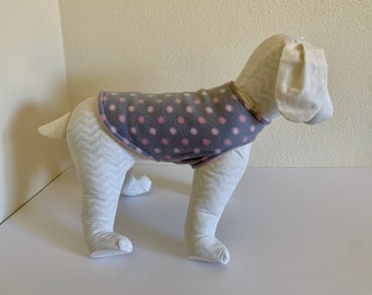 XS Fleece Dog Coat | Extra Small Dog Jacket | Pink and Gray Polka Dot Print with Pink Fleece Lining