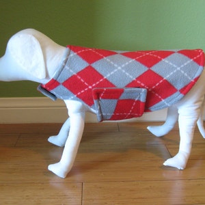 Fleece Dog Coat | Extra Small Dog Jacket | Gray, Red-Orange, and White Argyle Print Fleece with Dove Gray Fleece Lining