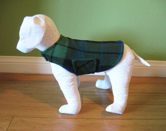 Small Dog Coat | Small Dog Jacket | Green, Royal Blue, and Black Plaid Fleece with Green Fleece Lining