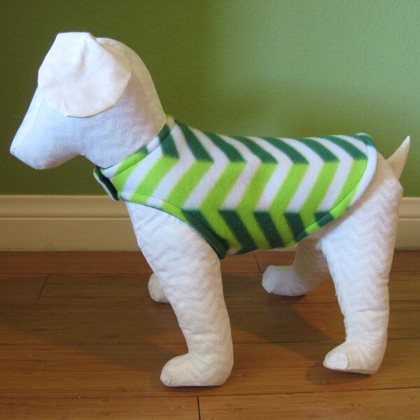 Fleece Dog Coat, Extra Small Green, Lime, and White Chevron with Green Fleece Lining