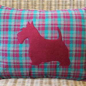 Appliquéd Scottie Dog Pillow, Red Terrier with Red & Green Tartan Plaid Print, 12&quot; x 16&quot;