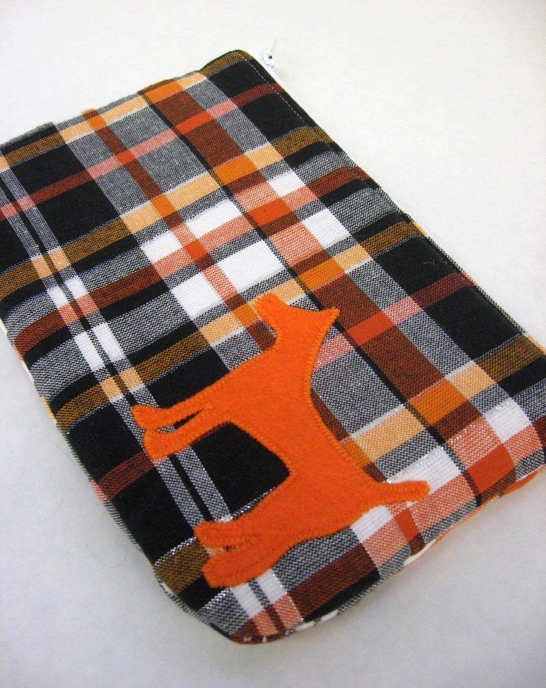 Plaid Zipper Pouch, Pumpkin, White, & Black Plaid with Appliqued Orange Dog and White Satin Lining image 6