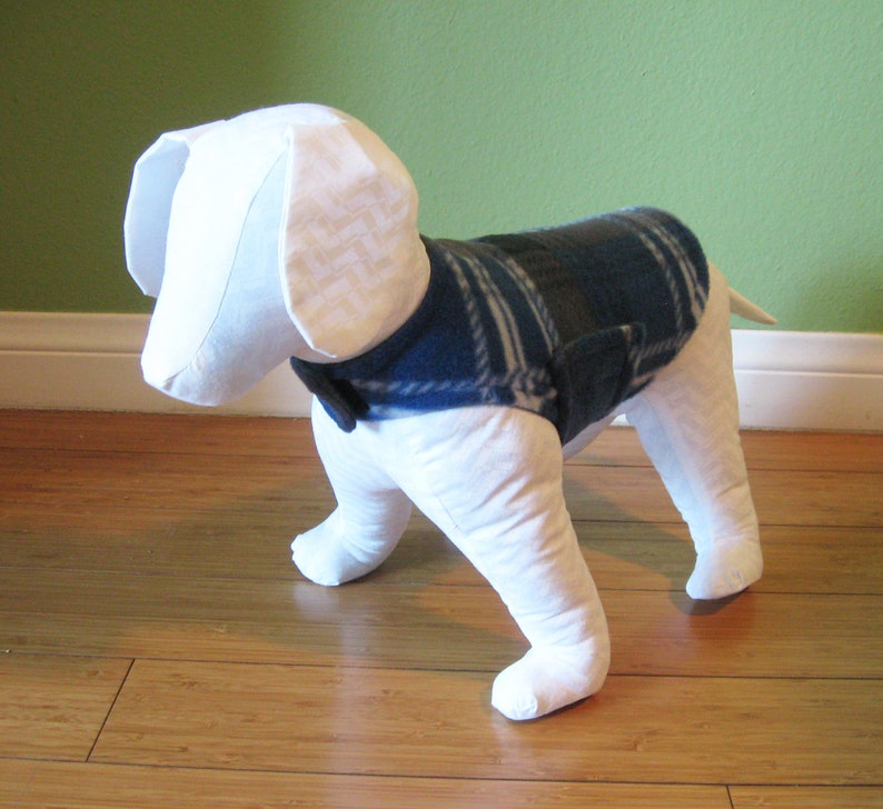 Extra Small Dog Jacket XS Dog Coat and White Plaid Fleece with Charcoal Gray Fleece Lining Gray Blue