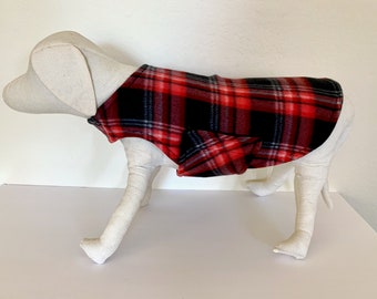 Fleece Dog Coat | Small Dog Jacket | Red, Cranberry, Black, and White Plaid Fleece with Black Fleece Lining