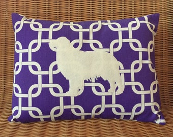 Appliqued Australian Shepherd Pillow with Purple and Ivory Geometric Lattice Print and Ivory Ausie | 12" x 16"