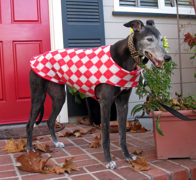 Greyhound Coat Large Dog Jacket Big Dog Coat Red, Gray, and Ivory Argyle Fleece with Red Fleece Lining image 4
