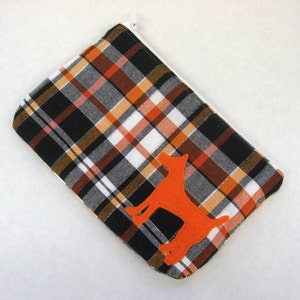 Plaid Zipper Pouch, Pumpkin, White, & Black Plaid with Appliqued Orange Dog and White Satin Lining image 1