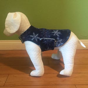 Fleece Dog Coat | Extra Small Dog Jacket | Navy Blue & White Snowflake Print Fleece with Ice Blue Fleece Lining