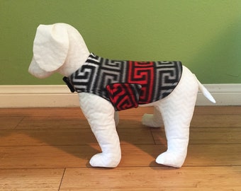 Fleece Dog Coat | Extra Small Dog Jacket | Black, Red, Gray, and White Greek Key Print Fleece with Black Fleece Lining