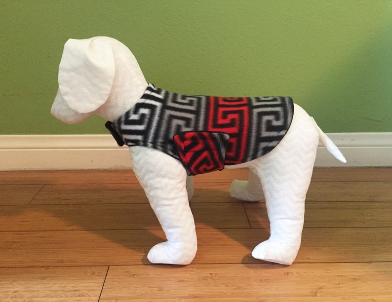 Fleece Dog Coat Extra Small Dog Jacket Black, Red, Gray, and White Greek Key Print Fleece with Black Fleece Lining image 1