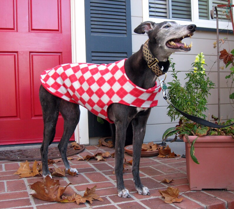 Greyhound Coat Large Dog Jacket Big Dog Coat Red, Gray, and Ivory Argyle Fleece with Red Fleece Lining image 2