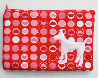 Red Hearts Zipper Pouch with Appliqued White Wool Dog and Satin Lining