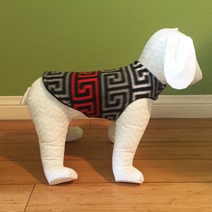 Fleece Dog Coat Extra Small Dog Jacket Black, Red, Gray, and White Greek Key Print Fleece with Black Fleece Lining image 2