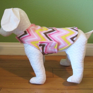 Fleece Dog Coat | Extra Small Dog Jacket | Pink, Yellow, Brown, and White Chevron Print with Pink Fleece Lining