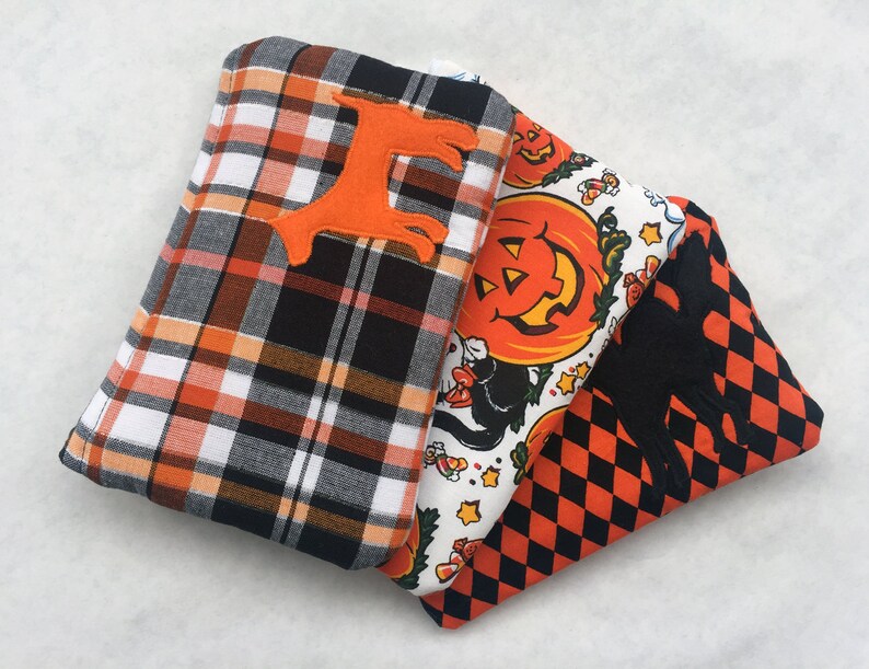 Plaid Zipper Pouch, Pumpkin, White, & Black Plaid with Appliqued Orange Dog and White Satin Lining image 3