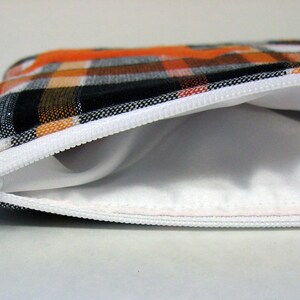 Plaid Zipper Pouch, Pumpkin, White, & Black Plaid with Appliqued Orange Dog and White Satin Lining image 2