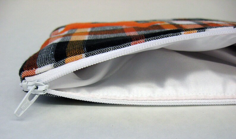 Plaid Zipper Pouch, Pumpkin, White, & Black Plaid with Appliqued Orange Dog and White Satin Lining image 2