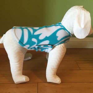 Fleece Dog Coat | Extra Small Dog Jacket | Aqua Blue and White Leaf Print with Charcoal Gray Fleece Lining