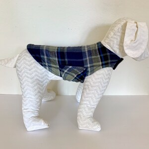 XS Fleece Dog Coat | Extra Small Flannel Dog Jacket | Navy Blue, Cornflower Blue, Gray, and White Cotton Flannel with Navy Fleece Lining
