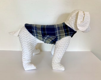 XS Fleece Dog Coat | Extra Small Flannel Dog Jacket | Navy Blue, Cornflower Blue, Gray, and White Cotton Flannel with Navy Fleece Lining