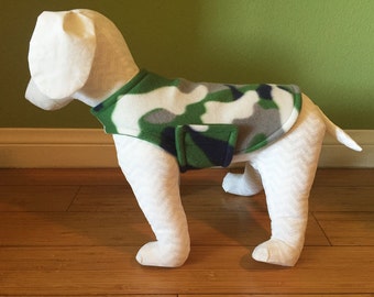 Small Dog Jacket | Dog Coat | Gray, White, Navy Blue, and Green Camo Fleece with Green Fleece Lining