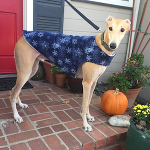 Greyhound Coat | Extra Large Dog Coat | Big Dog Jacket | Navy Blue, & White Snowflake Print Fleece with Baby Blue Fleece Lining