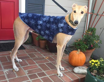 Greyhound Coat | Extra Large Dog Coat | Big Dog Jacket | Navy Blue, & White Snowflake Print Fleece with Baby Blue Fleece Lining