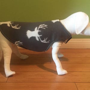 Fleece Dog Coat | Small Dog Jacket | White Deer Heads on Gray Fleece with Black Fleece Lining