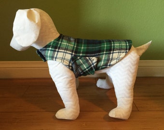 Fleece Dog Coat | Flannel Dog Jacket | Extra Small | Green, Navy Blue, Black, and Ivory Plaid Cotton Flannel with Navy Blue Fleece Lining