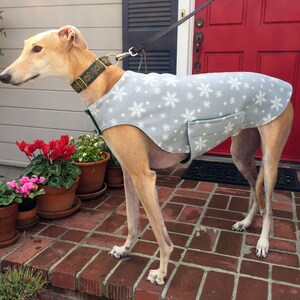 Greyhound Coat Extra Large Dog Coat Dog Jacket Dove Gray, & White Snowflake Print Fleece with Hunter Green Fleece Lining image 2