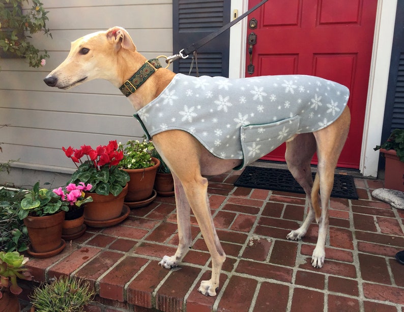 Greyhound Coat Extra Large Dog Coat Dog Jacket Dove Gray, & White Snowflake Print Fleece with Hunter Green Fleece Lining image 2