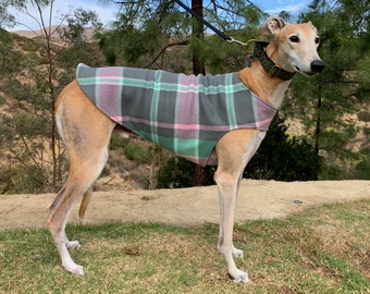 Greyhound Coat | XL Dog Coat | Pink, Mint Green, and Dove Gray Plaid Fleece with Baby Pink Fleece Lining