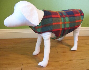 Manteau pour chien polaire | Veste pour chien extra petite | Polaire à carreaux vert, orange, bleu et rouge avec doublure en polaire verte