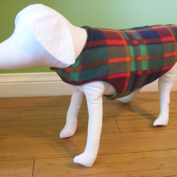 Fleece Dog Coat | Extra Small Dog Jacket | Green, Orange, Blue and Red Plaid Fleece with Green Fleece Lining